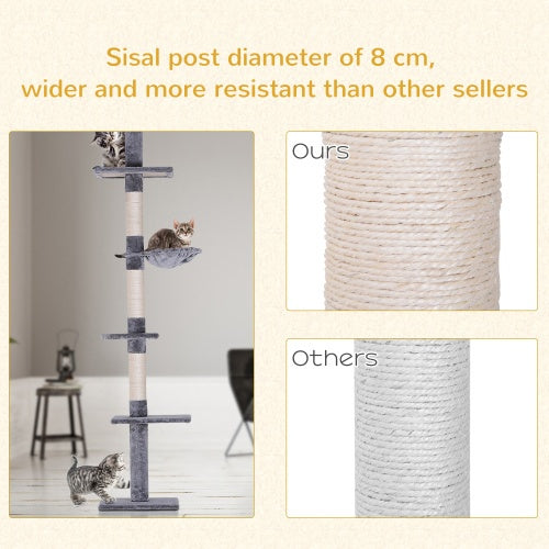 PawHut 9' Adjustable Height Floor-To-Ceiling Vertical Cat Tree - Grey And White by Amazing Pet Bargains