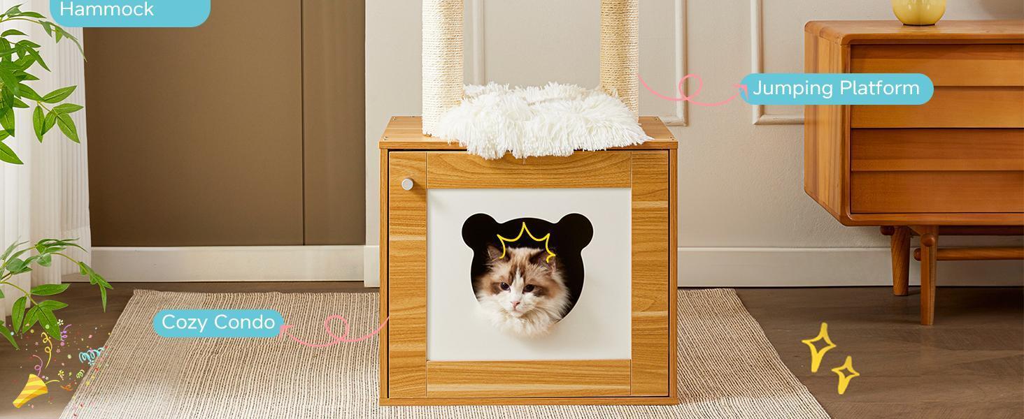Solid Wood Cat Tree And Tower With Litter Box, Cat Scratching Board And Hammock