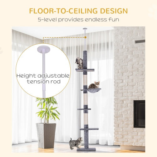 PawHut 9' Adjustable Height Floor-To-Ceiling Vertical Cat Tree - Grey And White by Amazing Pet Bargains