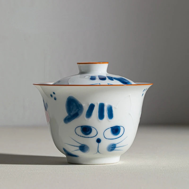 Hand-painted Blue Cat Ceramic Bowl and Tea Set by Love My Pet