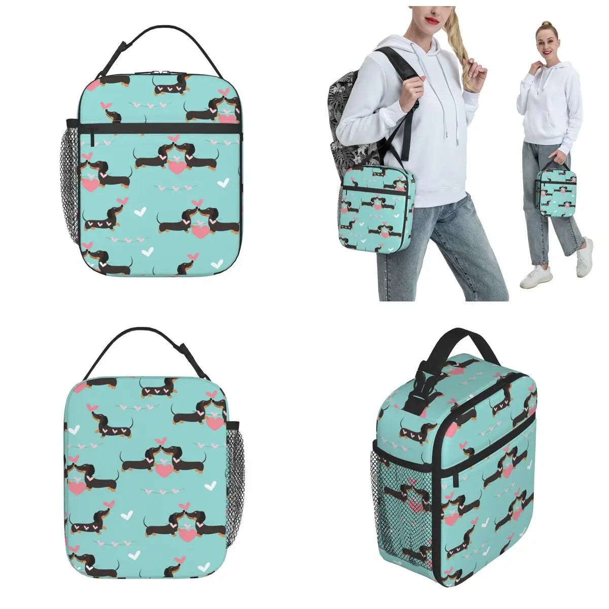 Dachshund Dogs In Love And Hearts Insulated Lunch Bags by Love My Pet