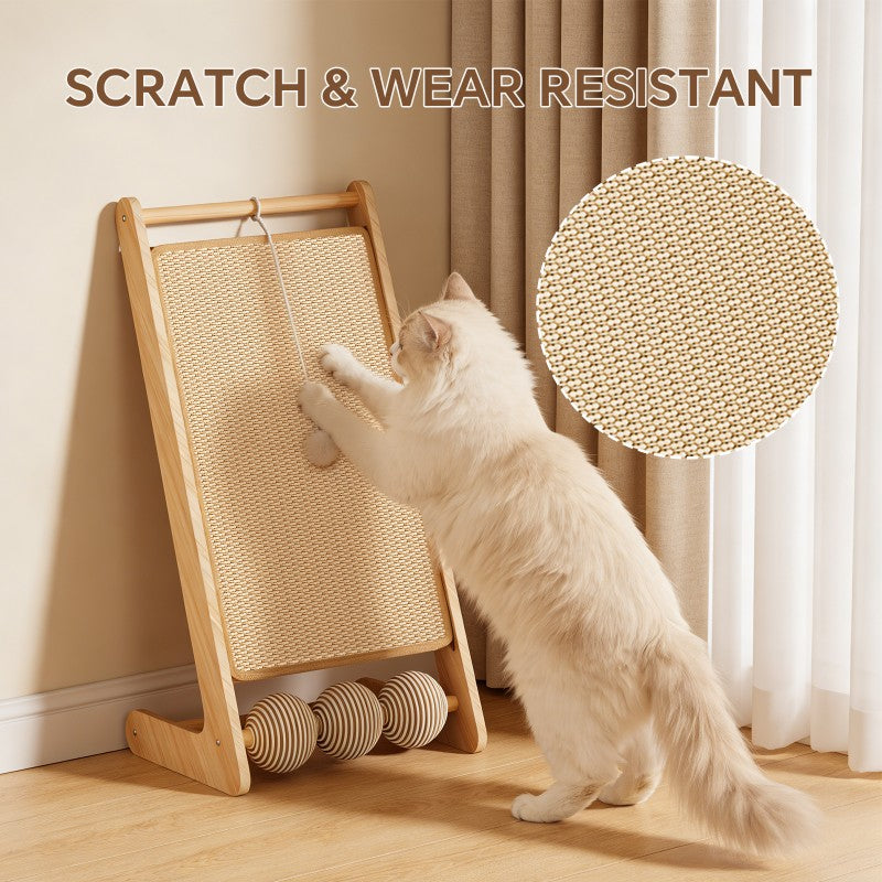 Large Vertical Sisal Cat Scratcher with Balls, Wooden Frame - Sisal Scratching Surface by VetsPetStore