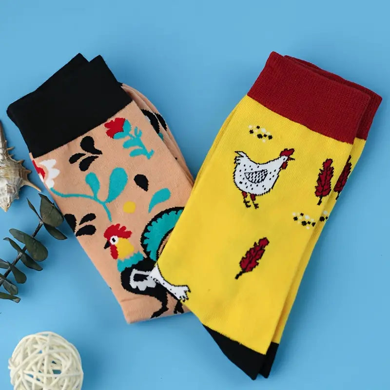 Cartoon Chicken Pattern Crew Socks, Breathable Comfy Casual Street Style Socks-2 pack by Dahlia Pets