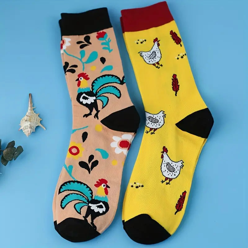 Cartoon Chicken Pattern Crew Socks, Breathable Comfy Casual Street Style Socks-2 pack by Dahlia Pets