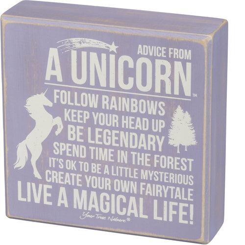 Advice From Unicorn Wooden Box Sign | Purple with White Lettering 6" x 6" by The Bullish Store
