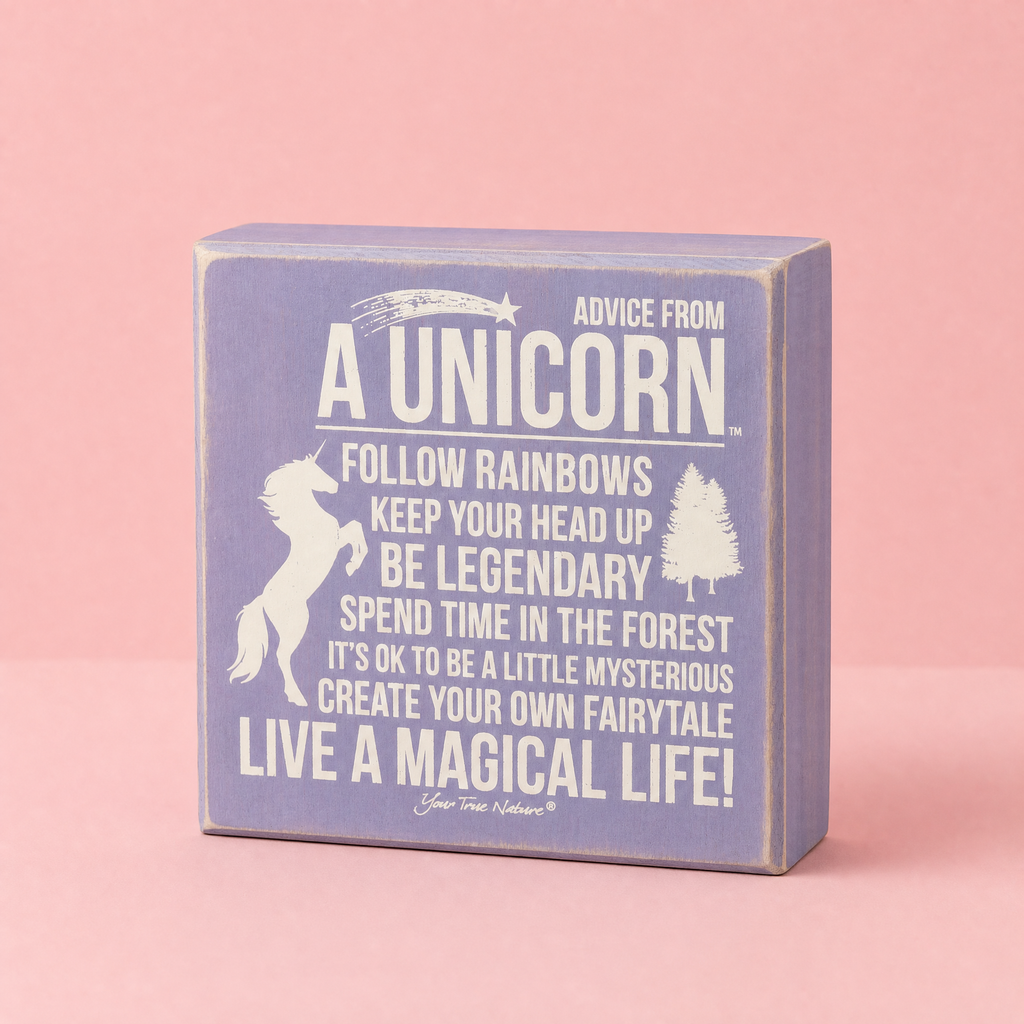 Advice From Unicorn Wooden Box Sign | Purple with White Lettering 6" x 6" by The Bullish Store