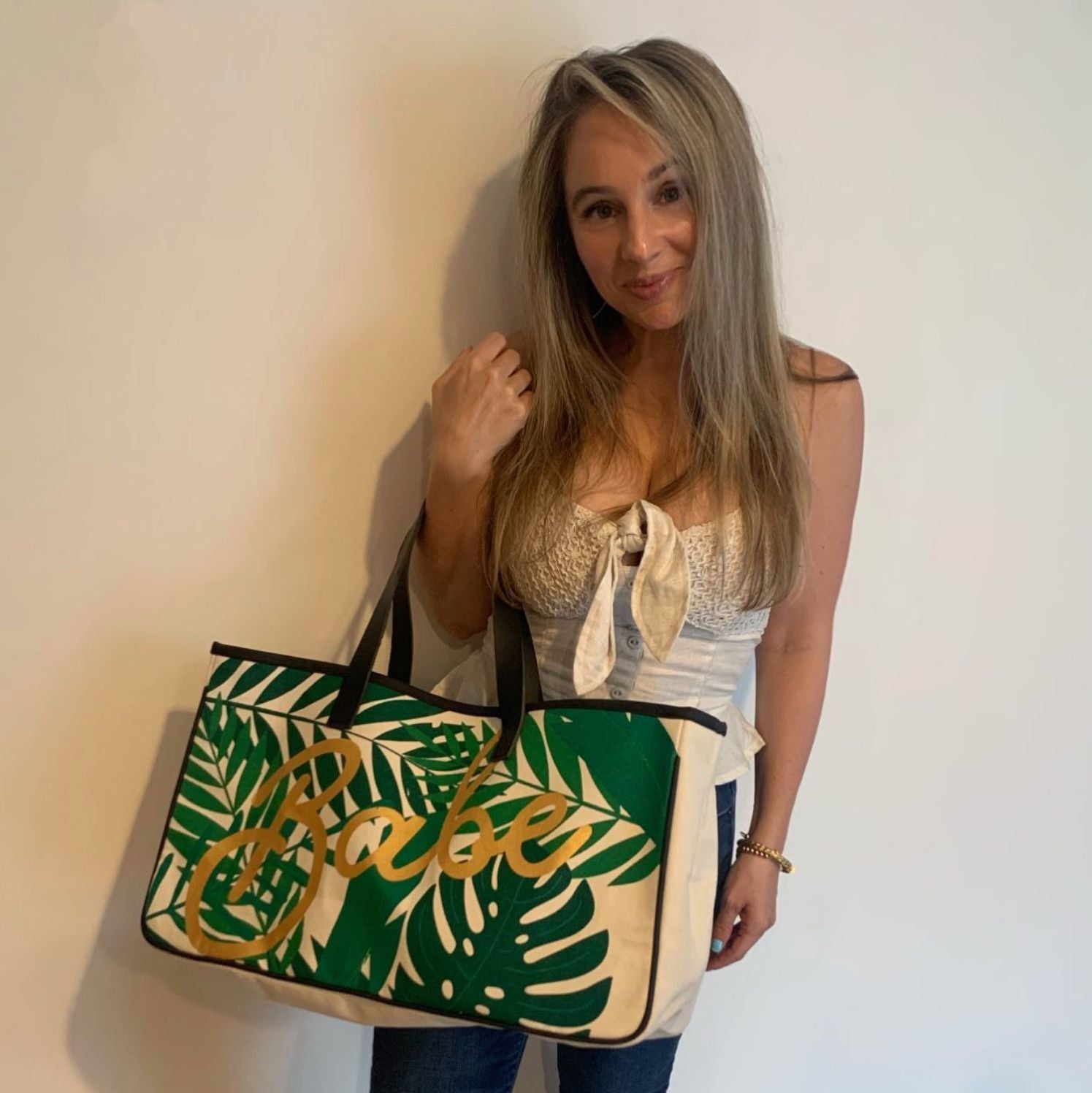 Babe Palm Leaves Large Rectangular Tote Bag | Genuine Leather Handles by The Bullish Store
