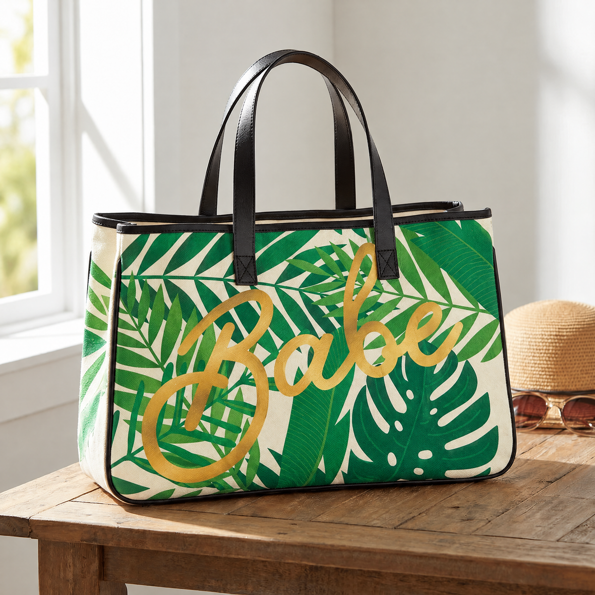 Babe Palm Leaves Large Rectangular Tote Bag | Genuine Leather Handles by The Bullish Store