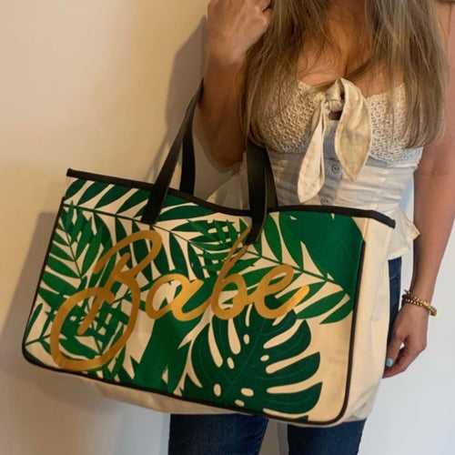 Babe Palm Leaves Large Rectangular Tote Bag | Genuine Leather Handles by The Bullish Store