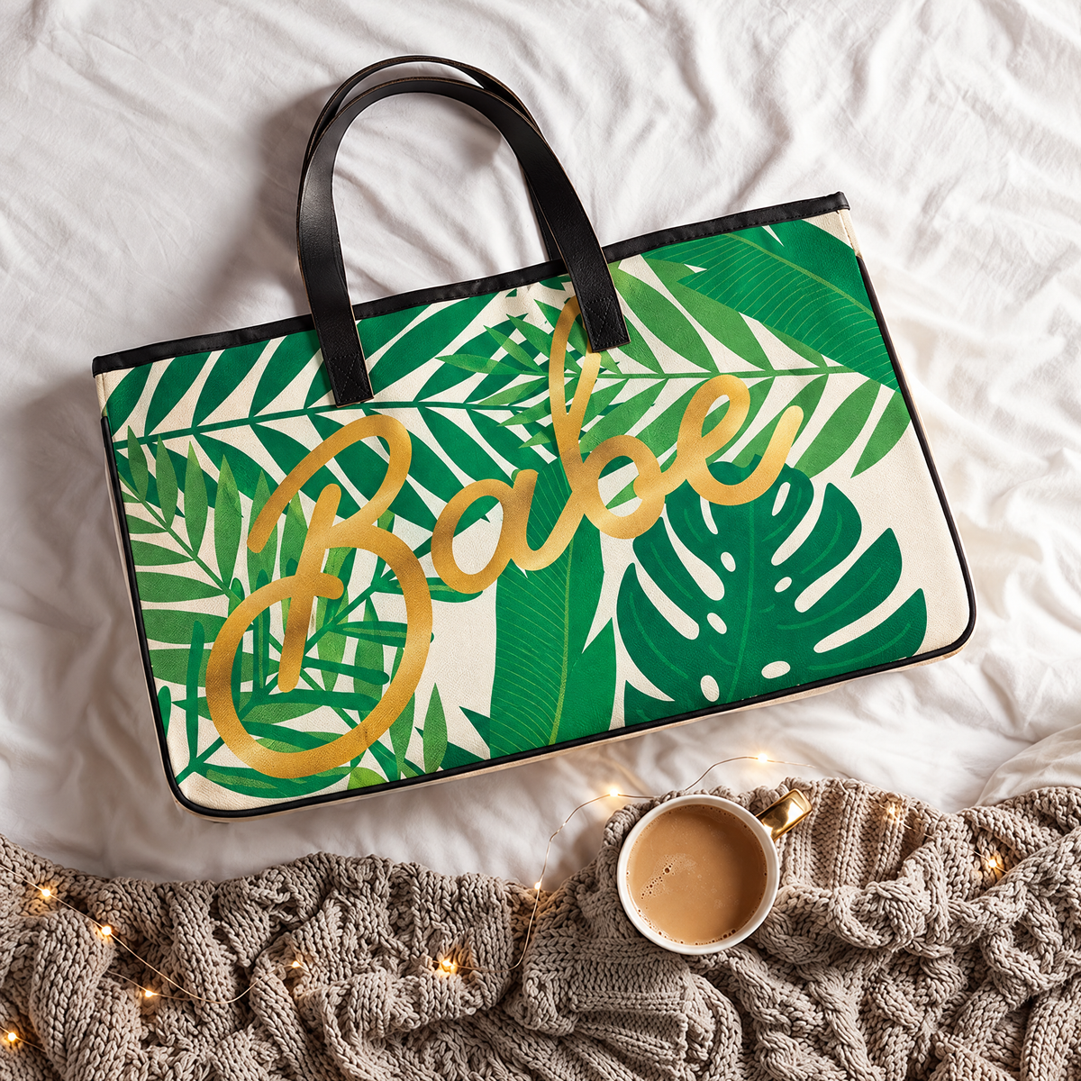 Babe Palm Leaves Large Rectangular Tote Bag | Genuine Leather Handles by The Bullish Store