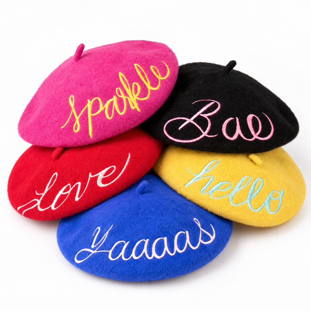 Hello Embroidered Beret in Yellow by The Bullish Store