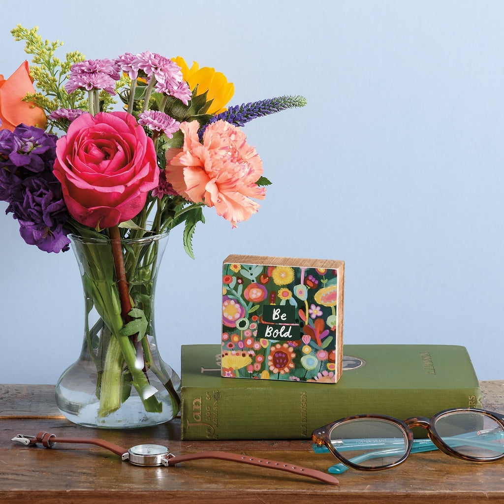 Be Bold Mini Wooden Inspo Block Sign in Floral Print | 3" x 3" by The Bullish Store