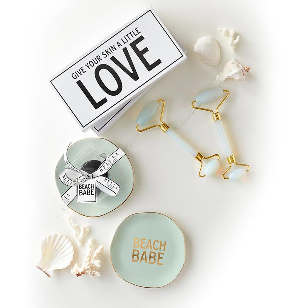 Beach Babe Sage Green Ceramic Tray with Makeup Sponge Gift Set | Cosmetic Giftable Beauty Tools Set by The Bullish Store
