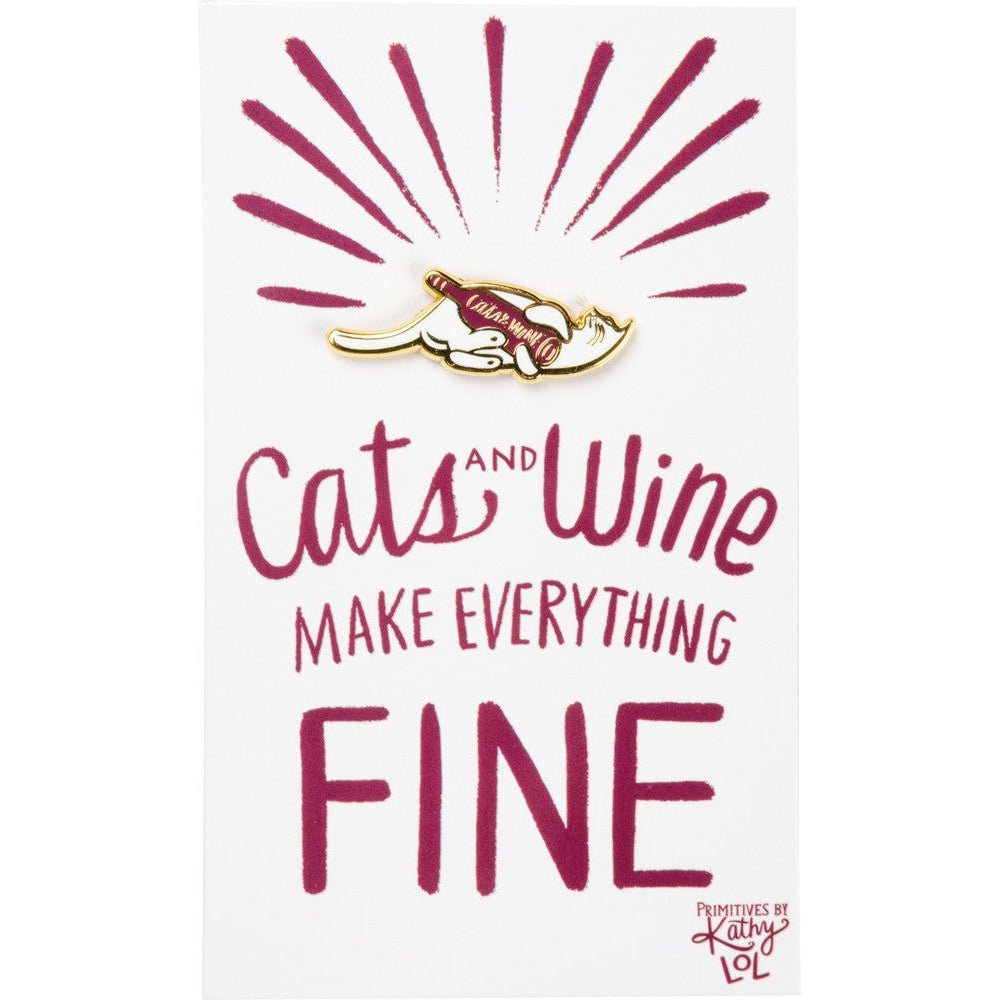 Cats and Wine Make Everything Fine Enamel Pin in Purplish Red and Gold by The Bullish Store