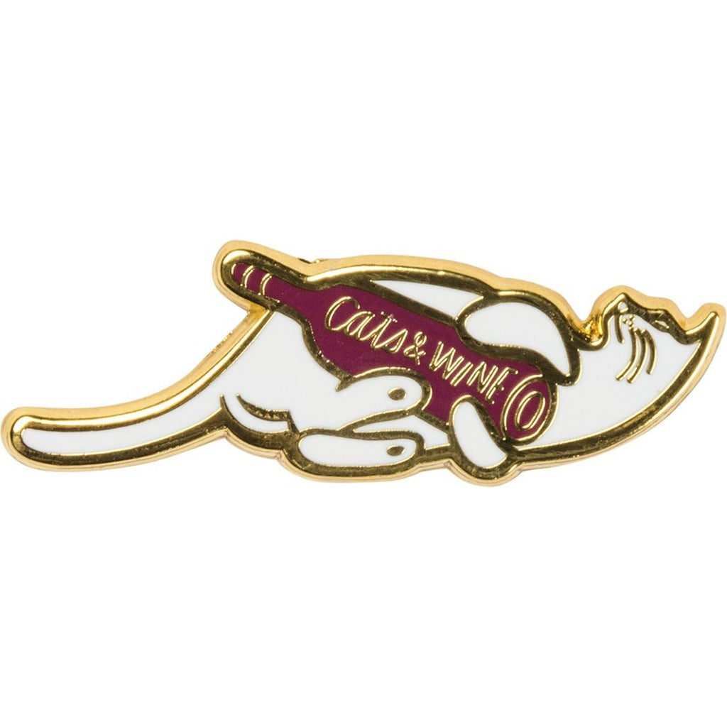 Cats and Wine Make Everything Fine Enamel Pin in Purplish Red and Gold by The Bullish Store