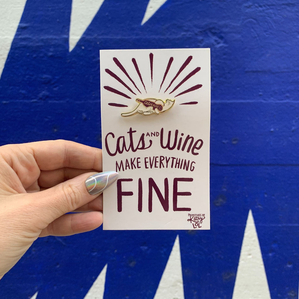Cats and Wine Make Everything Fine Enamel Pin in Purplish Red and Gold by The Bullish Store
