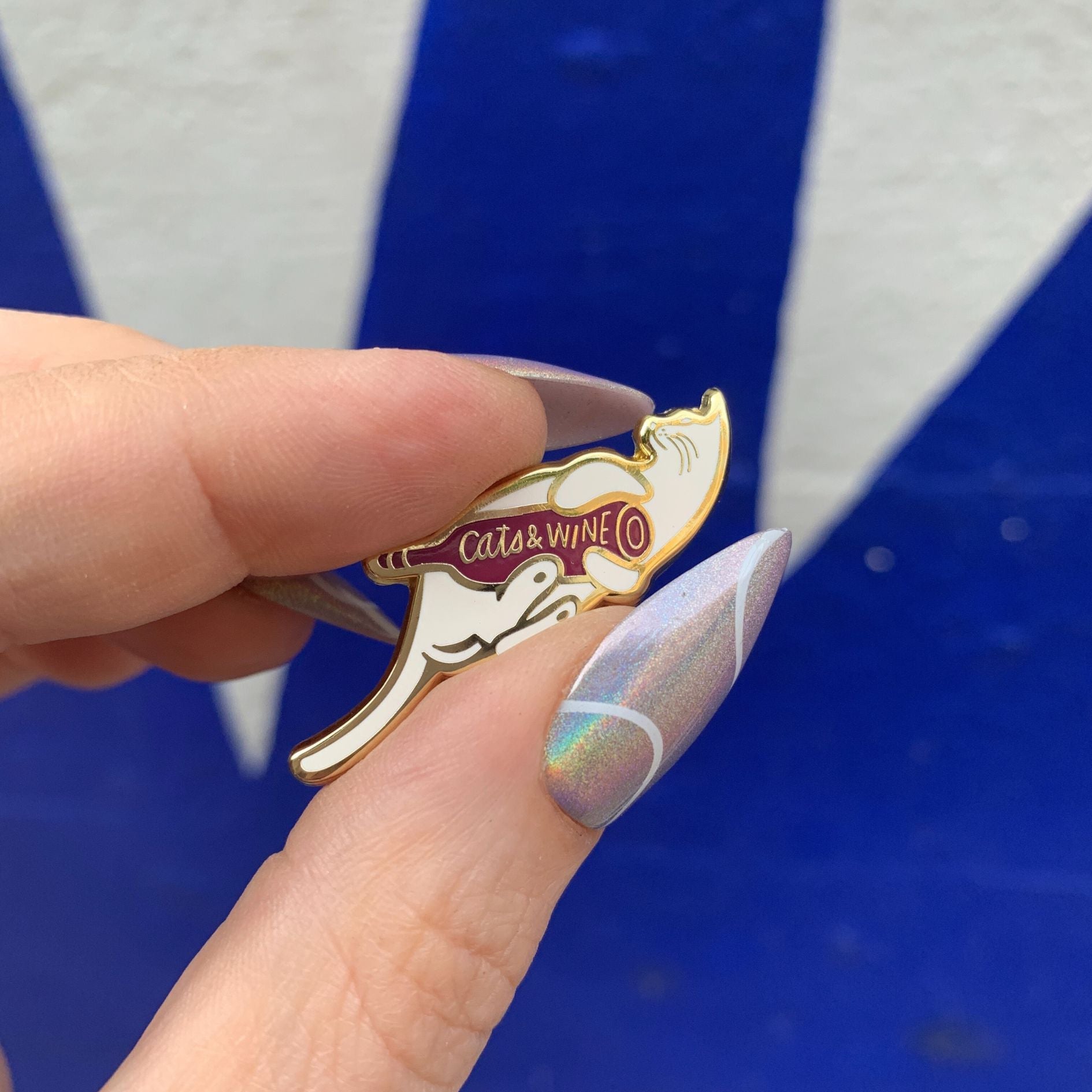 Cats and Wine Make Everything Fine Enamel Pin in Purplish Red and Gold by The Bullish Store
