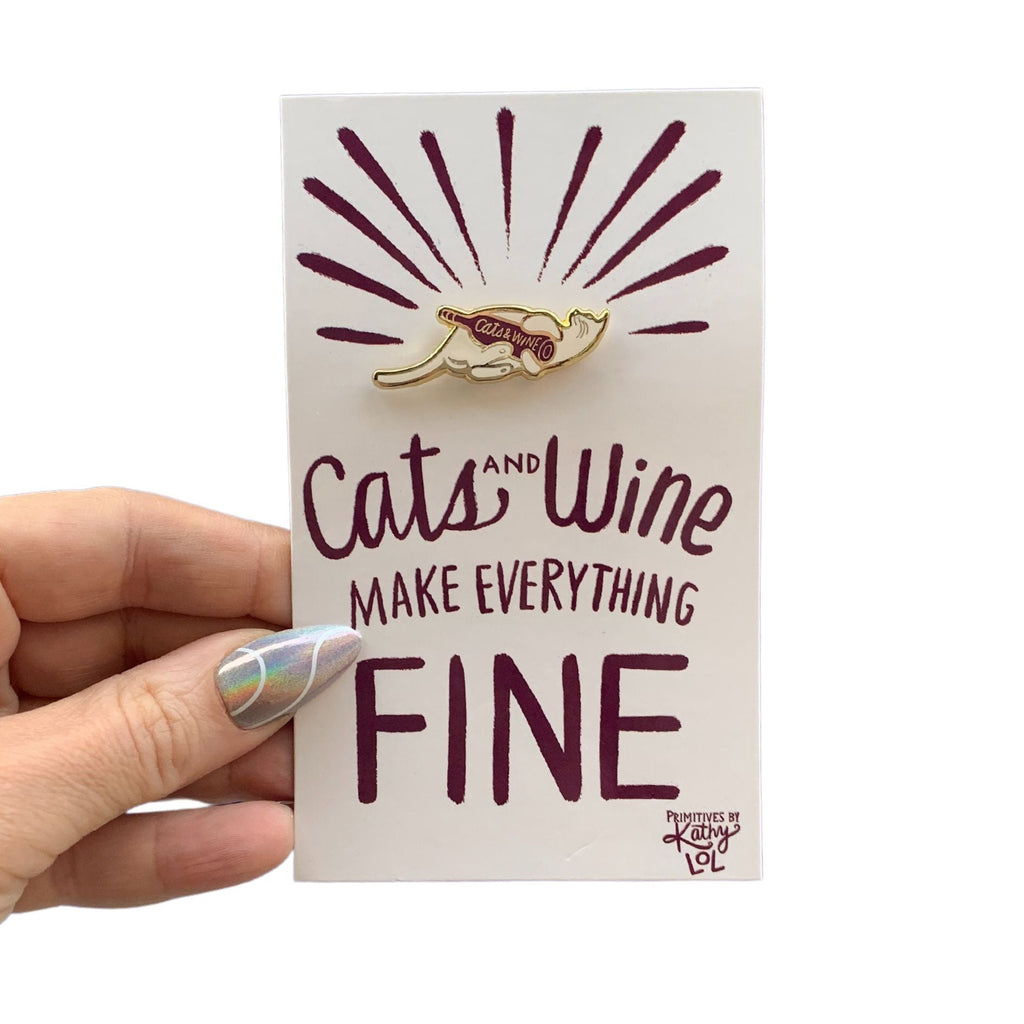 Cats and Wine Make Everything Fine Enamel Pin in Purplish Red and Gold by The Bullish Store