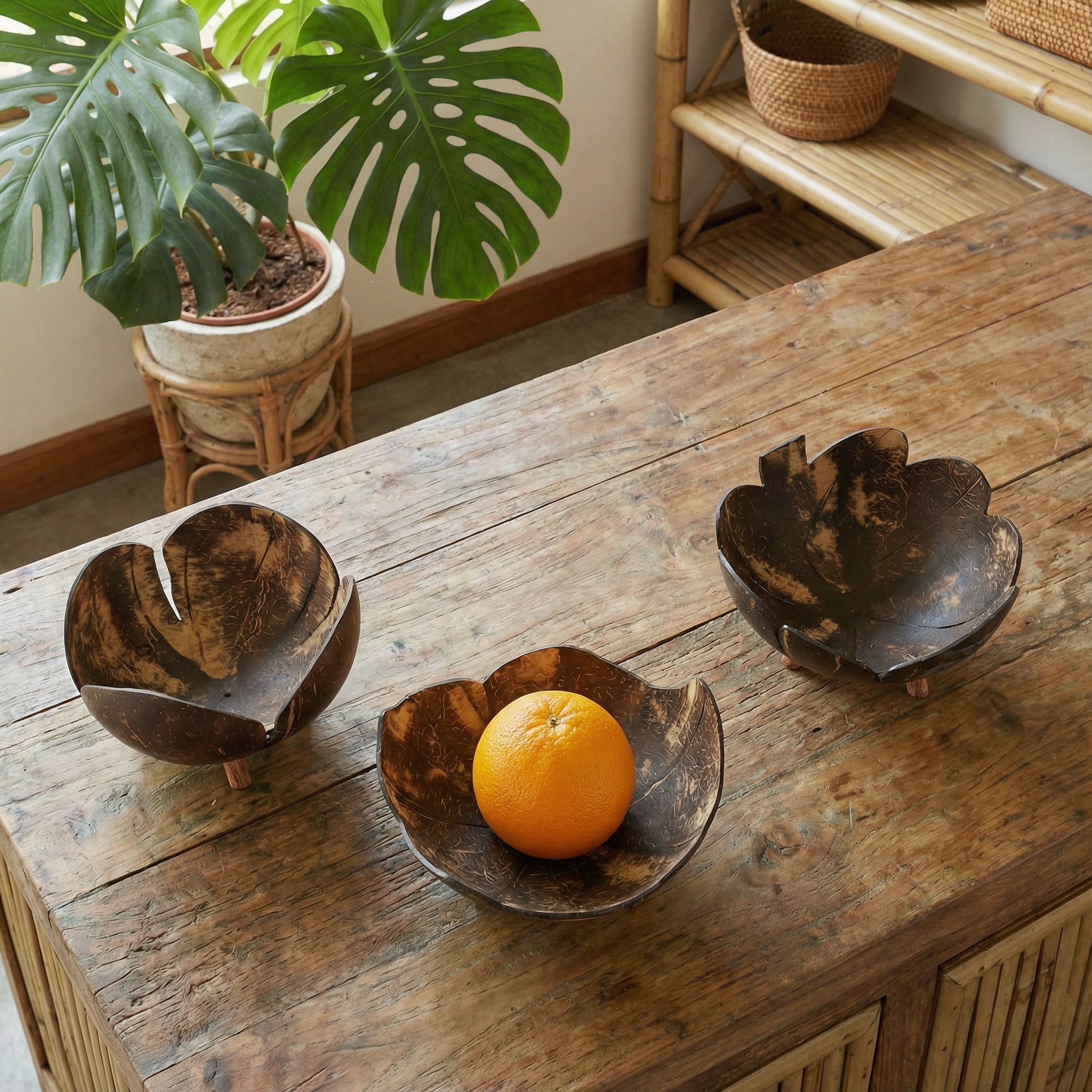 Coconut Bowls in Set of 3 | Decorative Boho Rustic Footed Bowls by The Bullish Store