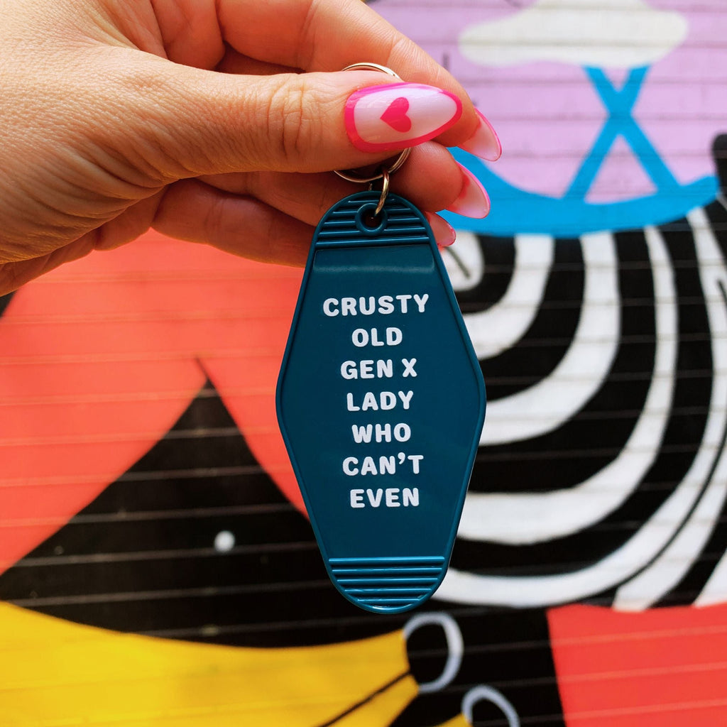 Crusty Old Gen X Lady Who Can't Even Keychain and Tote Bag Bundle | Motel Style Keyholder and Black Canvas Tote by The Bullish Store
