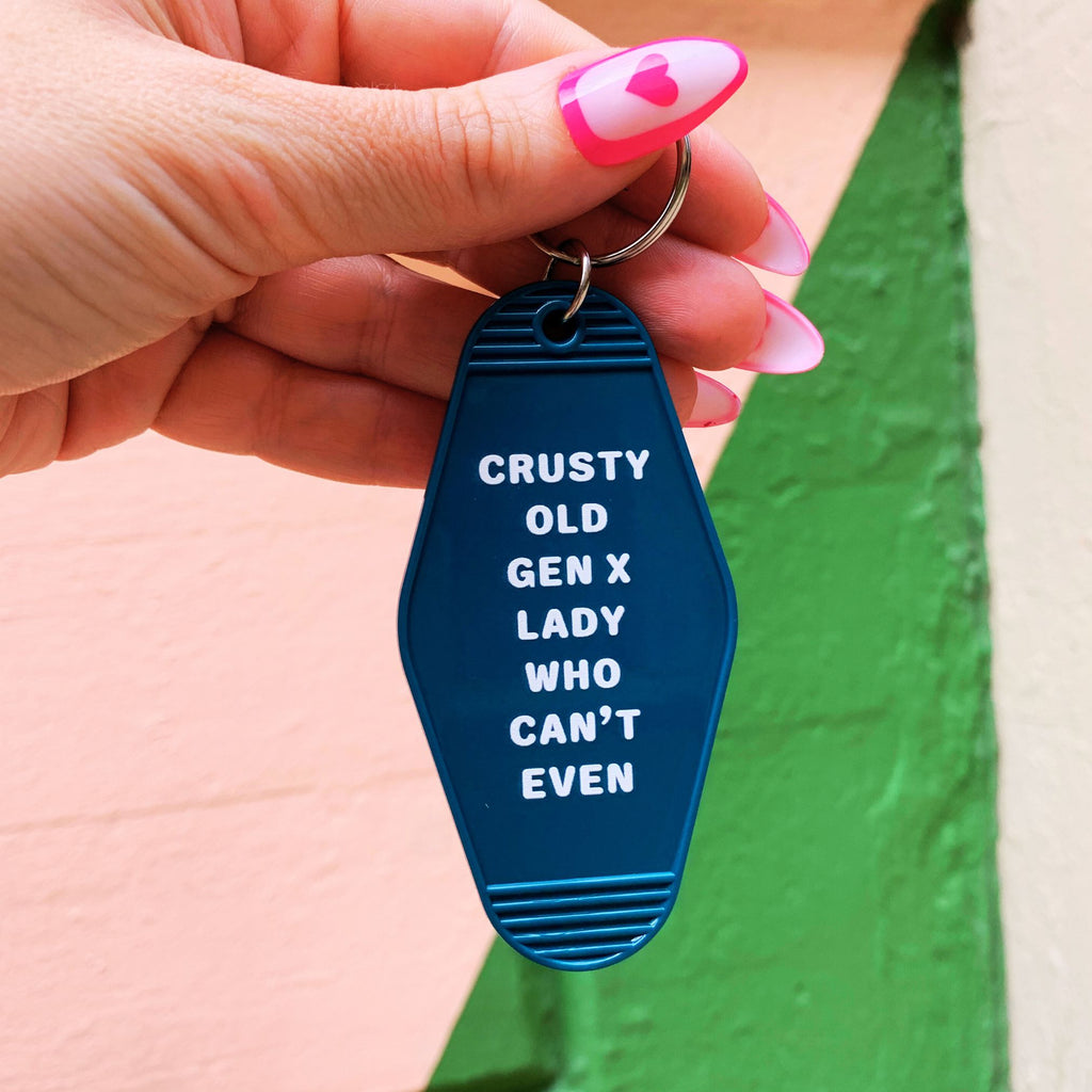 Crusty Old Gen X Lady Who Can't Even Keychain and Tote Bag Bundle | Motel Style Keyholder and Black Canvas Tote by The Bullish Store