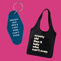Crusty Old Gen X Lady Who Can't Even Keychain and Tote Bag Bundle | Motel Style Keyholder and Black Canvas Tote by The Bullish Store