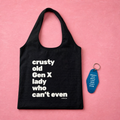 Crusty Old Gen X Lady Who Can't Even Keychain and Tote Bag Bundle | Motel Style Keyholder and Black Canvas Tote by The Bullish Store