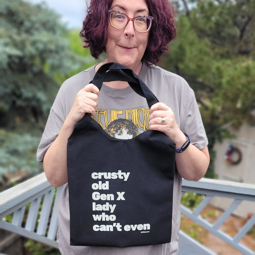 Crusty Old Gen X Lady Who Can't Even Keychain and Tote Bag Bundle | Motel Style Keyholder and Black Canvas Tote by The Bullish Store