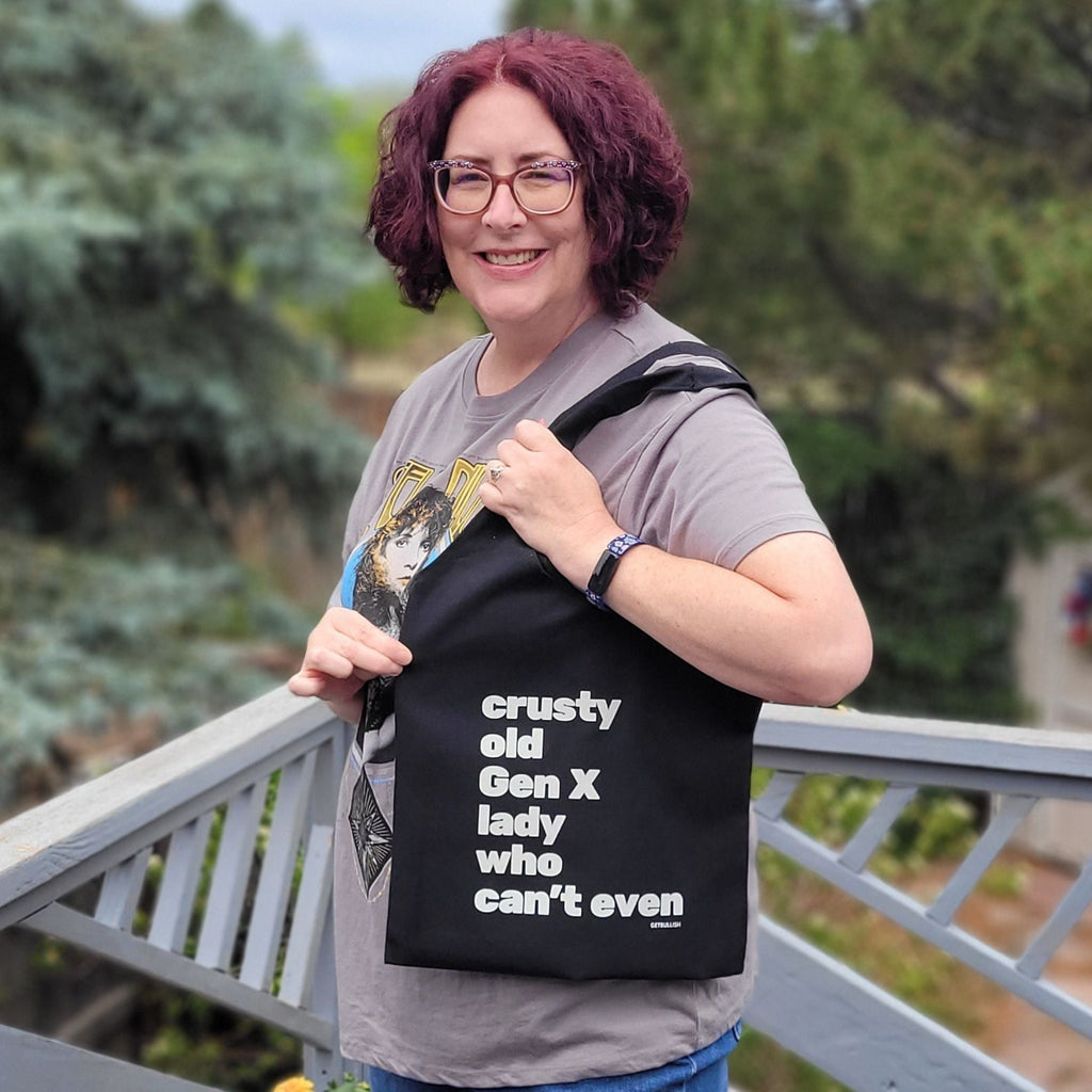 Crusty Old Gen X Lady Who Can't Even Keychain and Tote Bag Bundle | Motel Style Keyholder and Black Canvas Tote by The Bullish Store