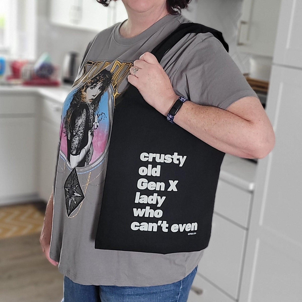 Crusty Old Gen X Lady Who Can't Even Keychain and Tote Bag Bundle | Motel Style Keyholder and Black Canvas Tote by The Bullish Store