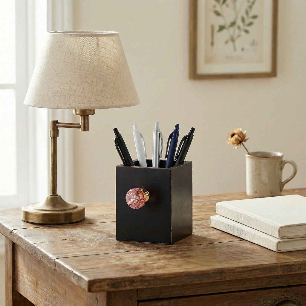 Crystal Knob Wooden Pen Holder in Black and Pink | Gift for Her by The Bullish Store