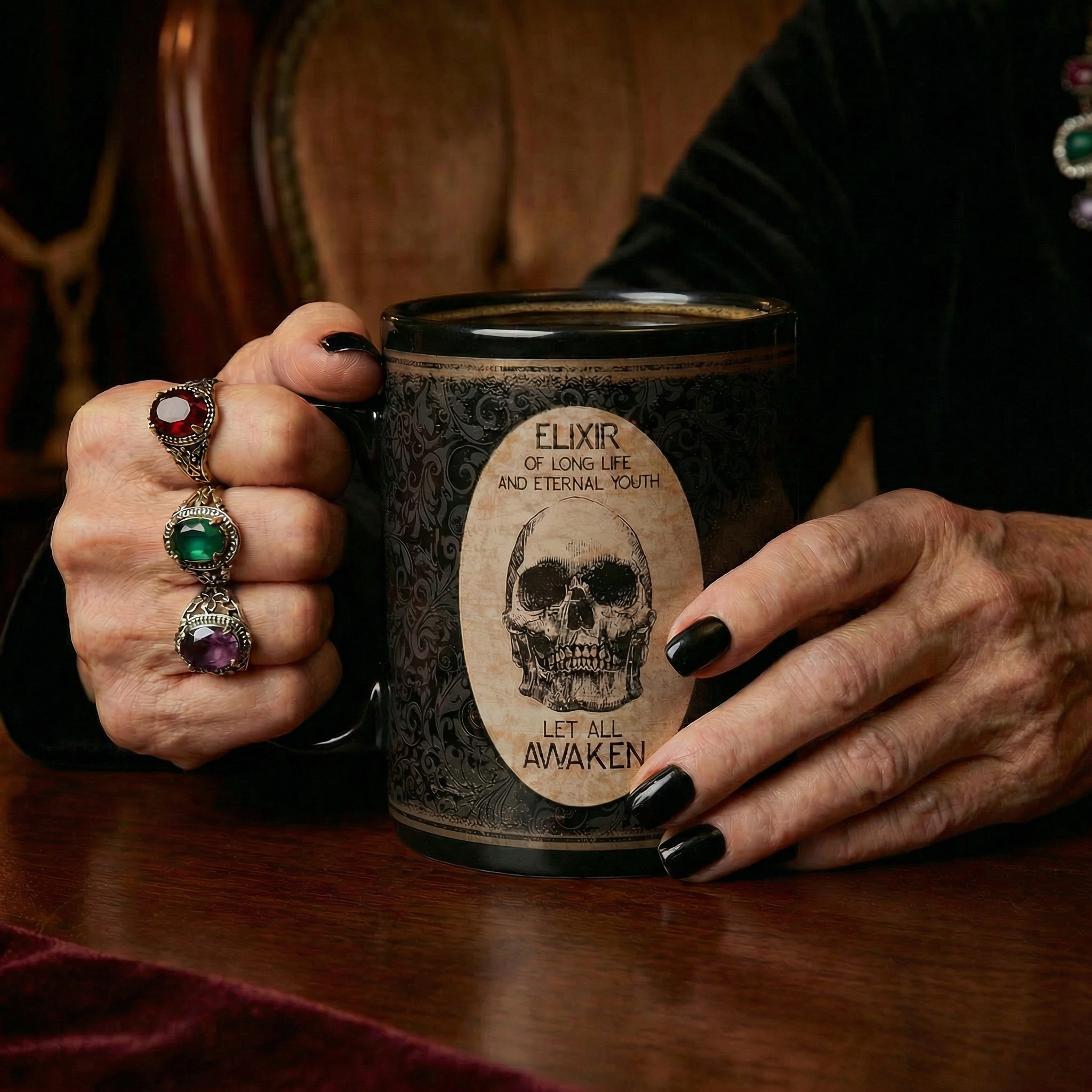 Elixir Of Long Life Eternal Youth Large Stoneware Skull Coffee Mug | Holds 20 oz. by The Bullish Store