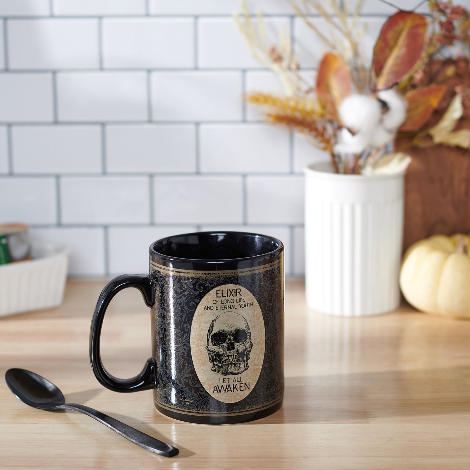 Elixir Of Long Life Eternal Youth Large Stoneware Skull Coffee Mug | Holds 20 oz. by The Bullish Store