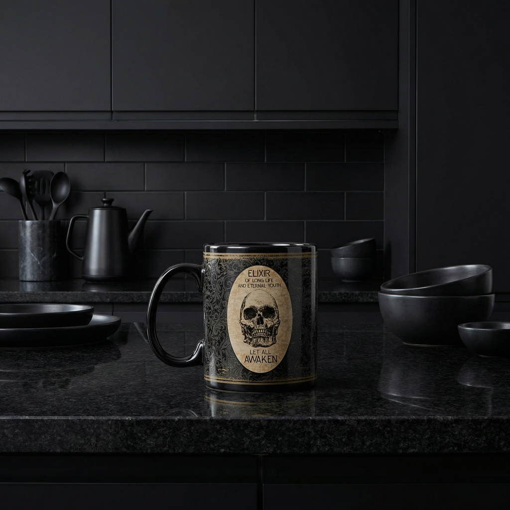 Elixir Of Long Life Eternal Youth Large Stoneware Skull Coffee Mug | Holds 20 oz. by The Bullish Store