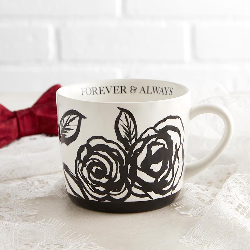 Forever & Always Mug in White with Black Floral Artwork | Giftable Coffee Tea Cup | 15oz by The Bullish Store