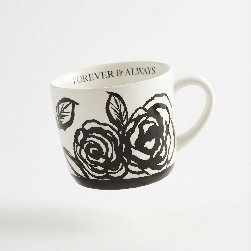 Forever & Always Mug in White with Black Floral Artwork | Giftable Coffee Tea Cup | 15oz by The Bullish Store