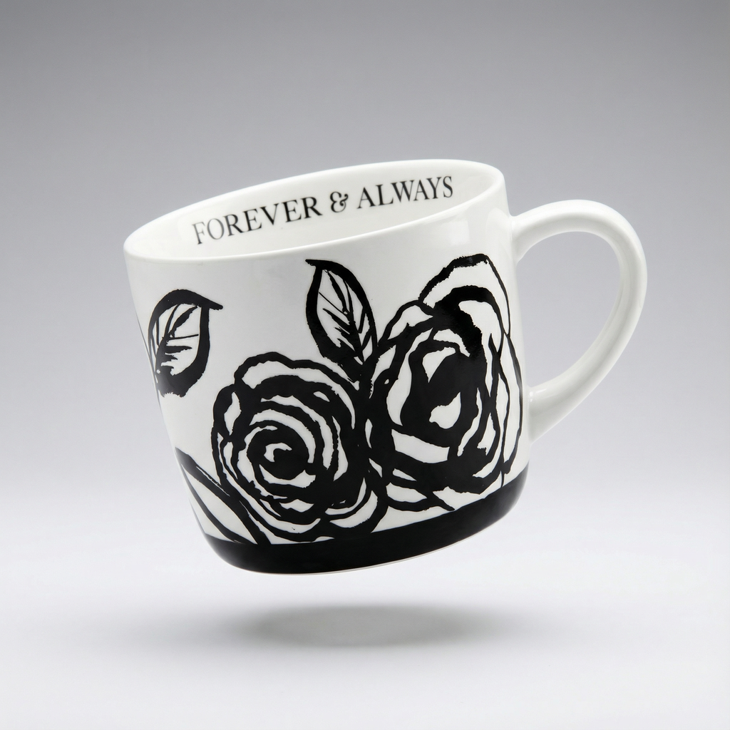 Forever & Always Mug in White with Black Floral Artwork | Giftable Coffee Tea Cup | 15oz by The Bullish Store
