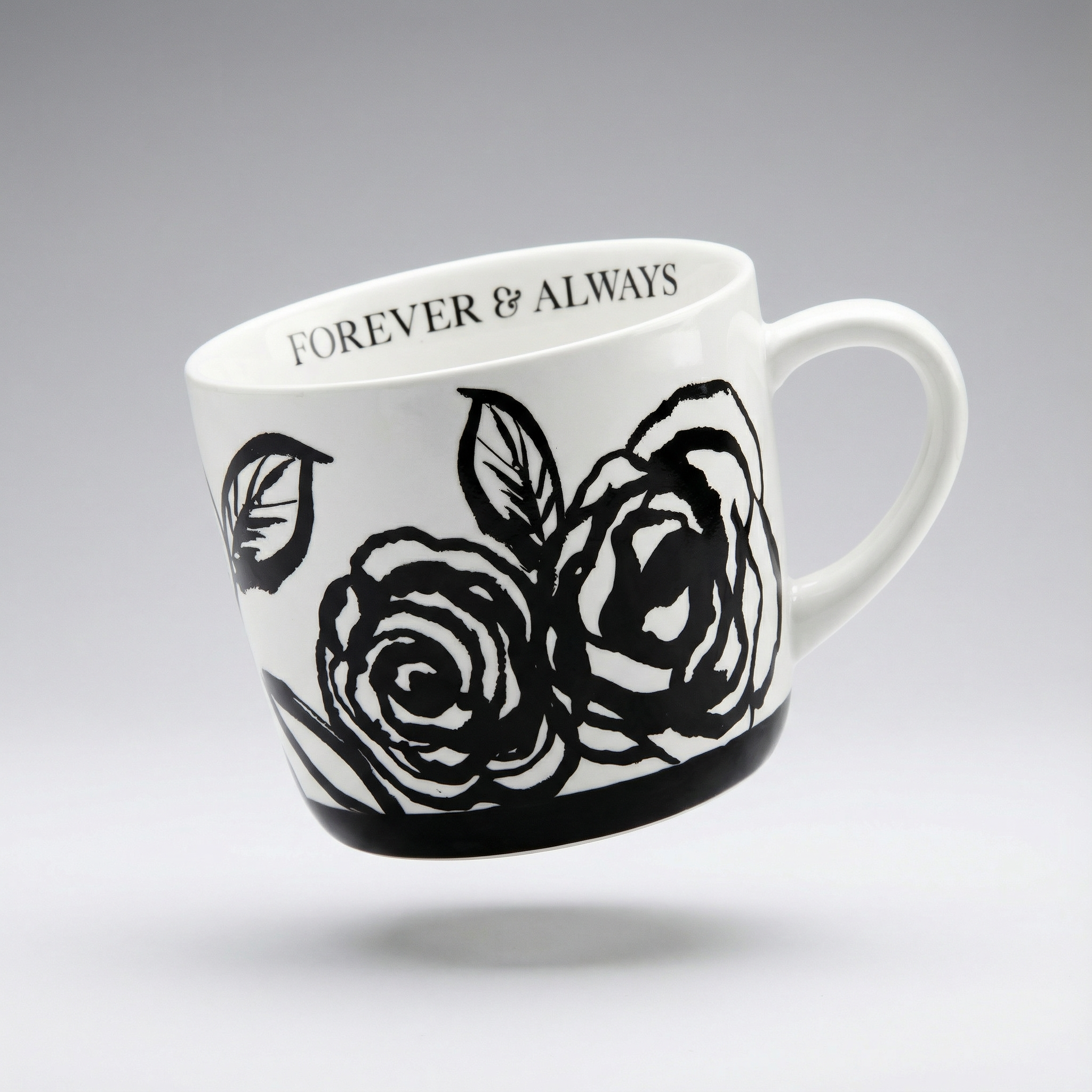 Forever & Always Mug in White with Black Floral Artwork | Giftable Coffee Tea Cup | 15oz by The Bullish Store