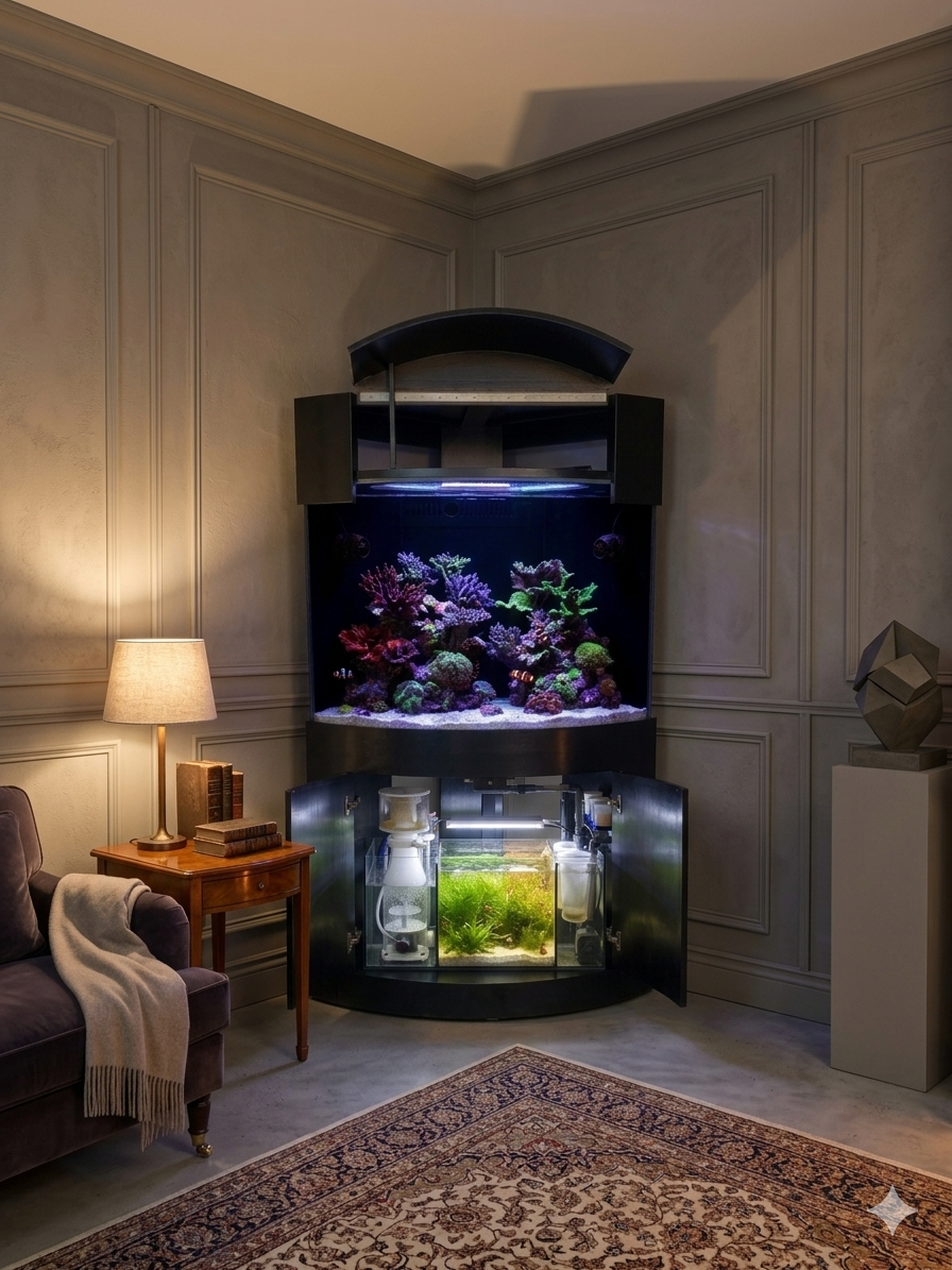 *BLACK* 90g Corner 1/4 Cylinder Glass Aquarium Set in Flush Wood Furniture by AQUA VIM