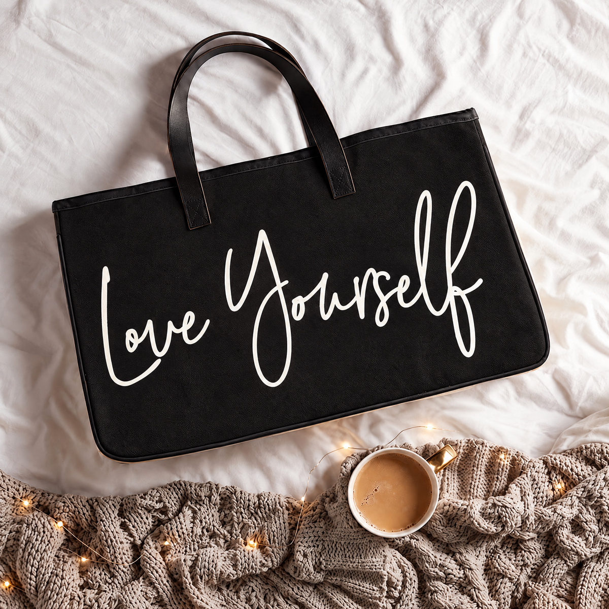 Love Yourself Large Rectangular Tote Bag | Genuine Leather Handles by The Bullish Store