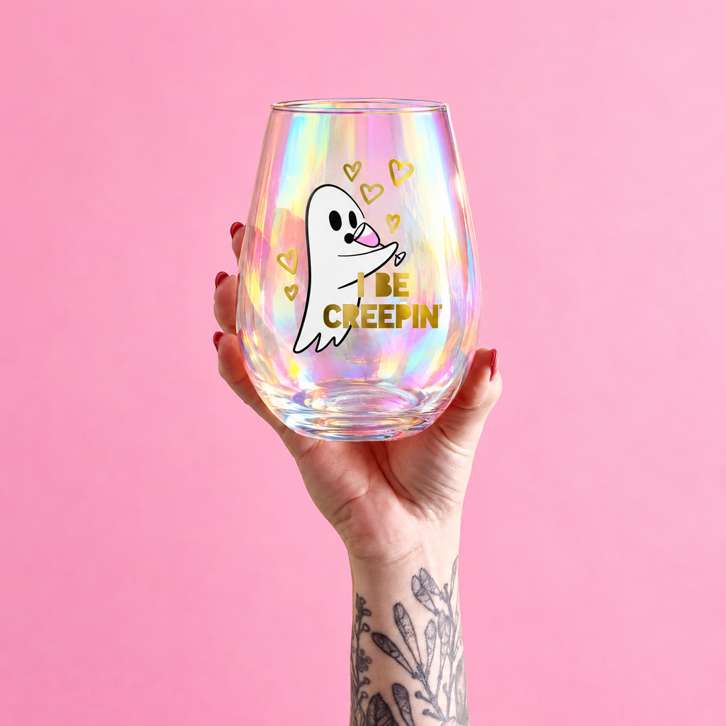 Ghost "I Be Creepin" Jumbo Stemless Wine Glass in Iridescent | 30 Oz. | Holds an Entire Bottle of Wine by The Bullish Store