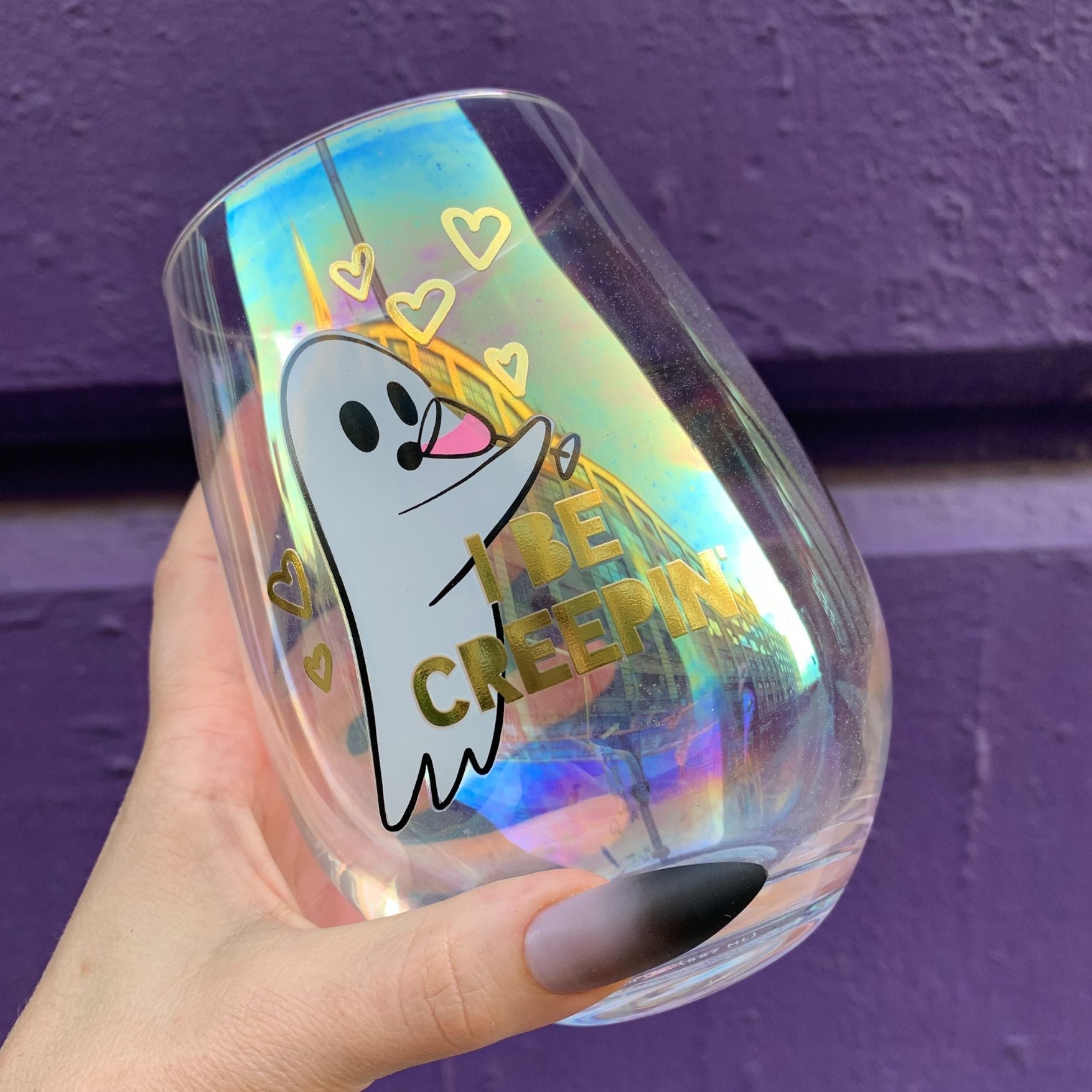 Ghost "I Be Creepin" Jumbo Stemless Wine Glass in Iridescent | 30 Oz. | Holds an Entire Bottle of Wine by The Bullish Store
