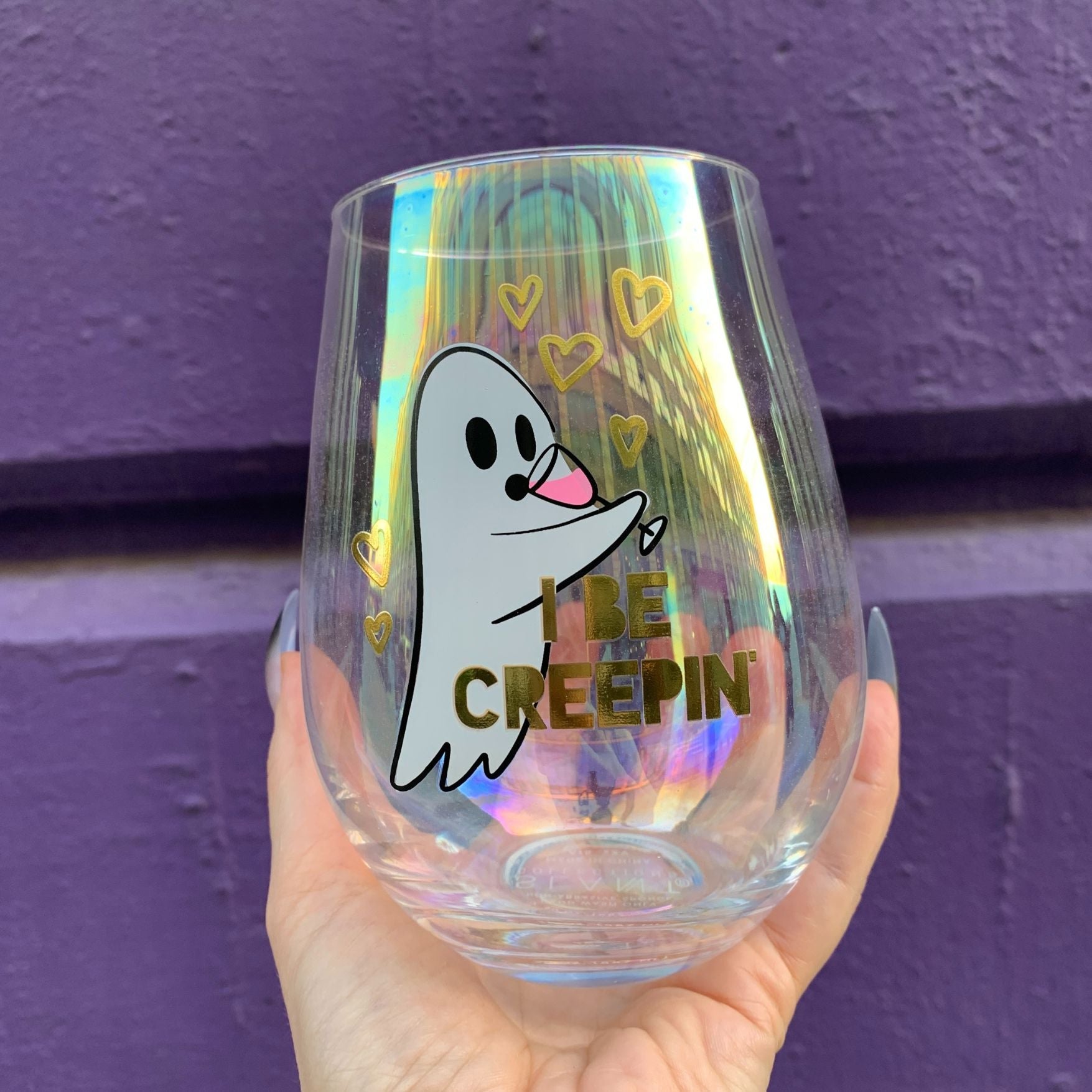 Ghost "I Be Creepin" Jumbo Stemless Wine Glass in Iridescent | 30 Oz. | Holds an Entire Bottle of Wine by The Bullish Store