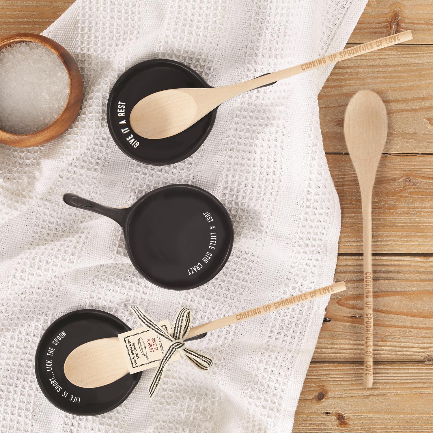 Giftable Wooden Spoon and Cast Iron Spoon Rest Set with Cute Sayings by The Bullish Store