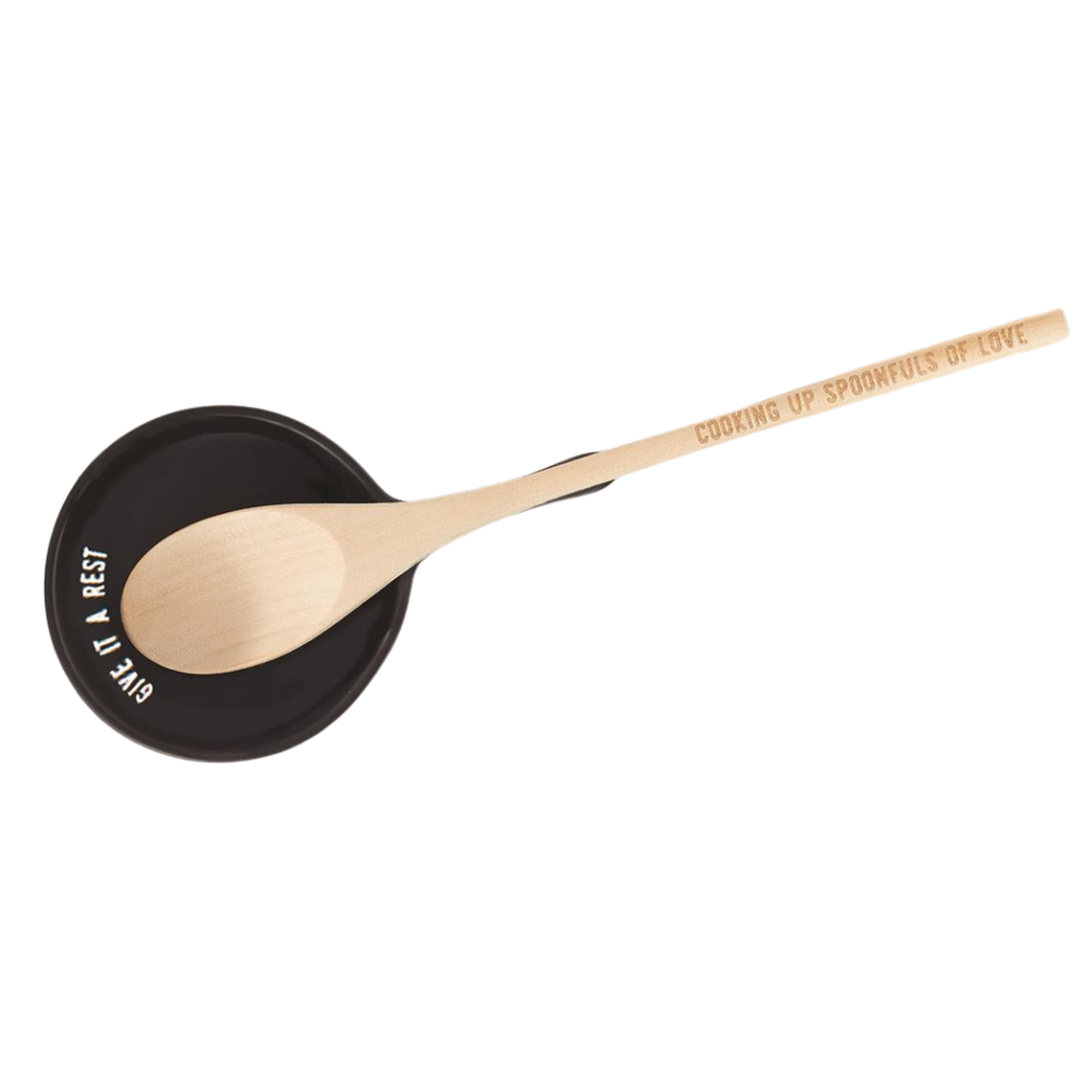 Giftable Wooden Spoon and Cast Iron Spoon Rest Set with Cute Sayings by The Bullish Store