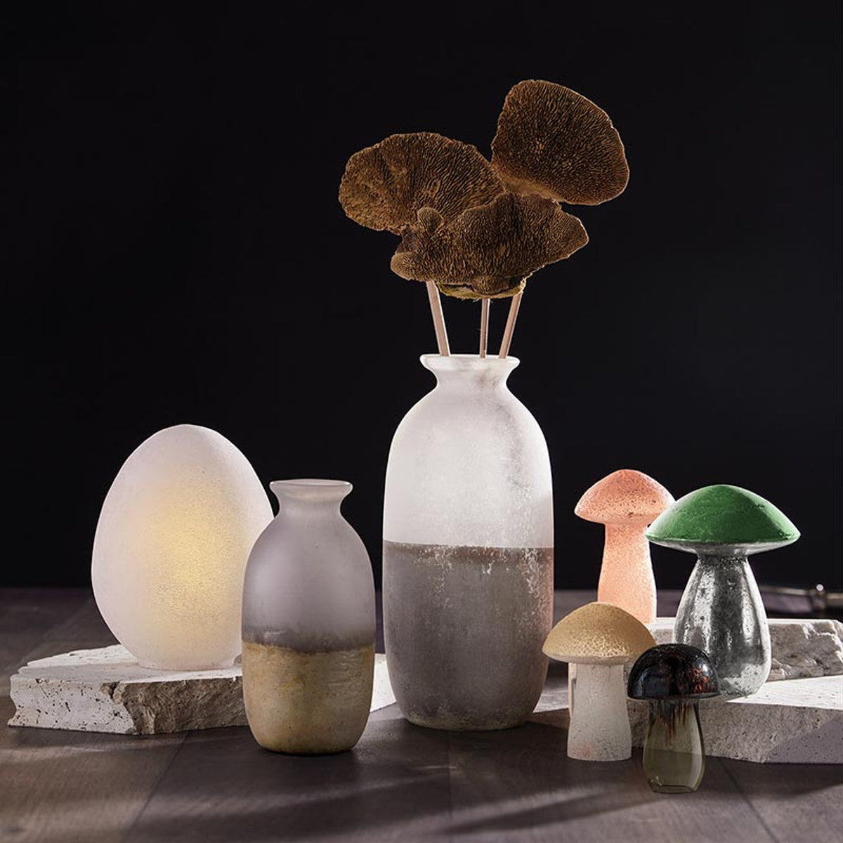 Glass Mushrooms in Set of 4 | Glass Figurines Sculpture for Indoor/Outdoor Decor by The Bullish Store