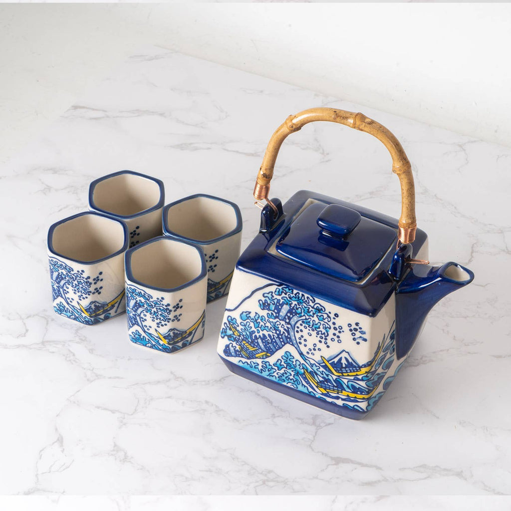 Great Wave Japanese Tea Set 20oz Tea Pot with 4 Hexagon Cups | Gift Box by The Bullish Store