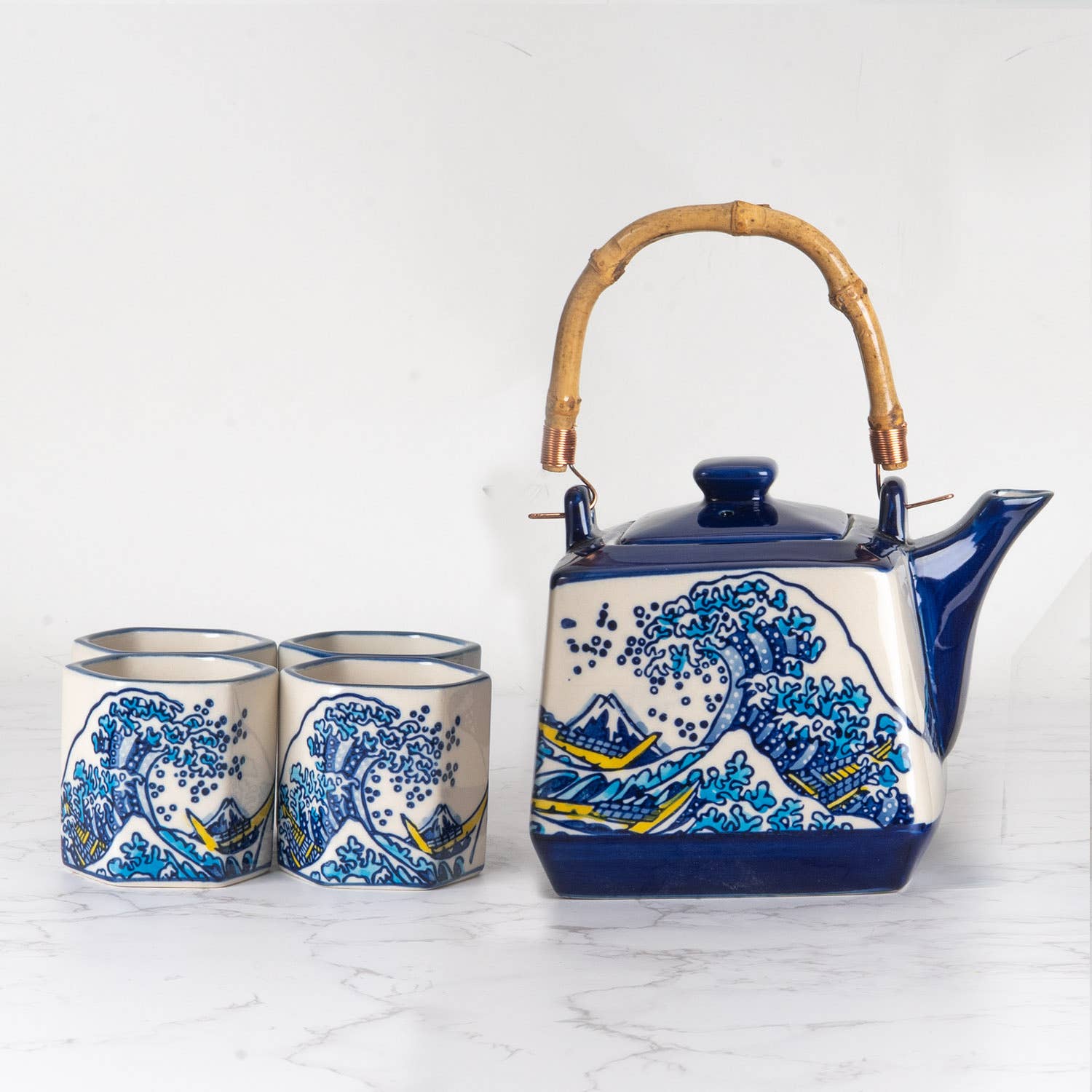 Great Wave Japanese Tea Set 20oz Tea Pot with 4 Hexagon Cups | Gift Box by The Bullish Store