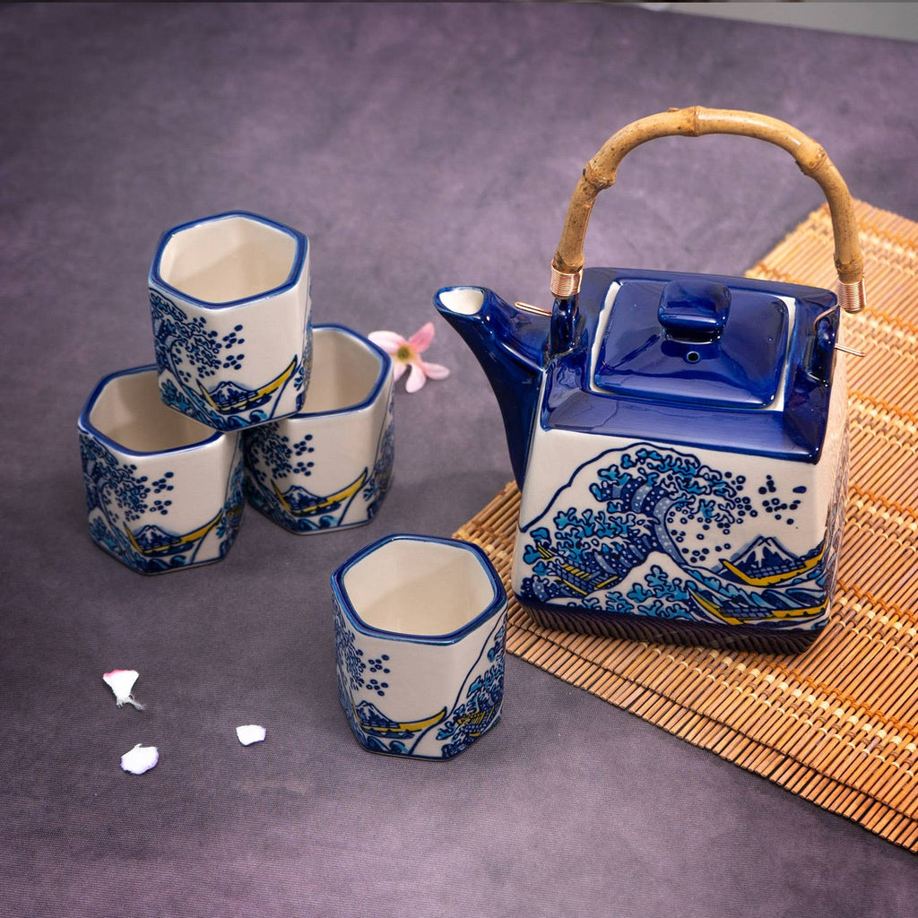 Great Wave Japanese Tea Set 20oz Tea Pot with 4 Hexagon Cups | Gift Box by The Bullish Store