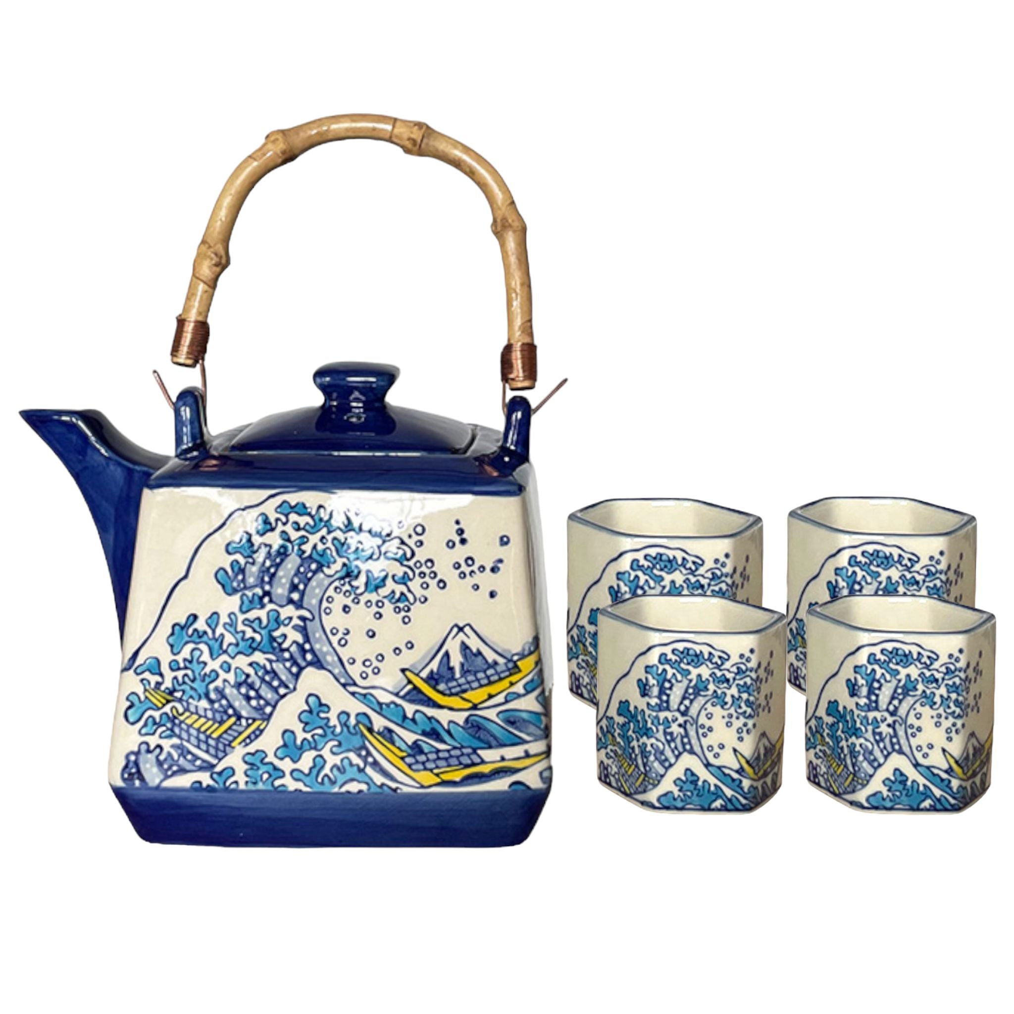 Great Wave Japanese Tea Set 20oz Tea Pot with 4 Hexagon Cups | Gift Box by The Bullish Store